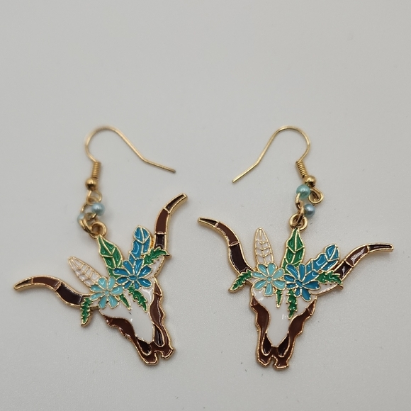 Handmade Brown and Blue Longhorn Skull Earrings – 2" Statement Dangles - Picture 1 of 6